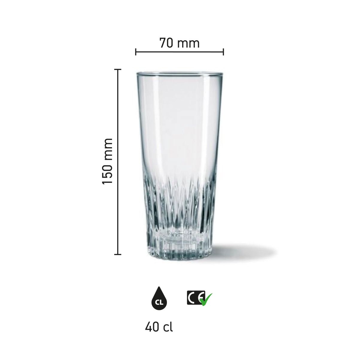 Infographic toont hoogte en diameter van bierglas Gaetan 40 cl. met schaalindeling.