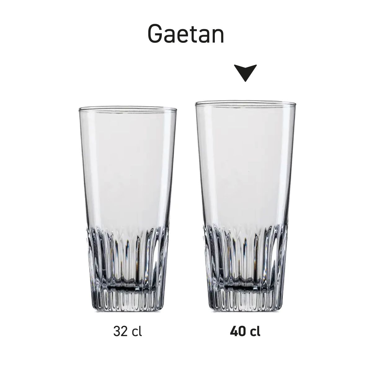 Verschillende Gaetan bierglazen van 32 cl. en 40 cl. afgebeeld als serie in rijopstelling.