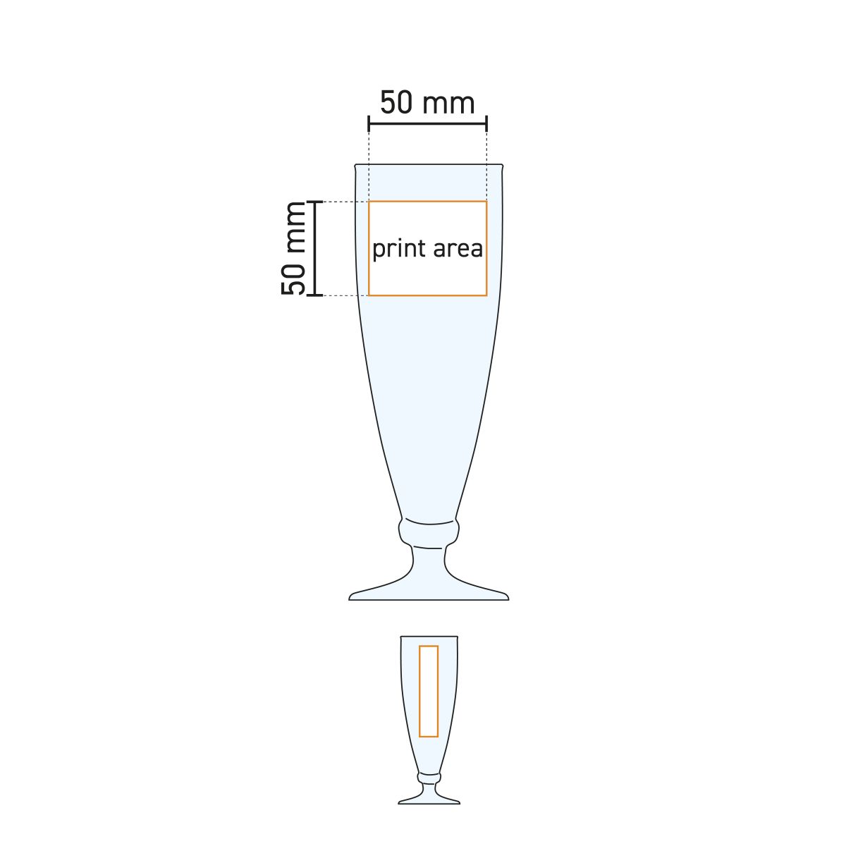 Technische werktekening van het drukgebied op een Harmonia bierglas van 27,5 cl.