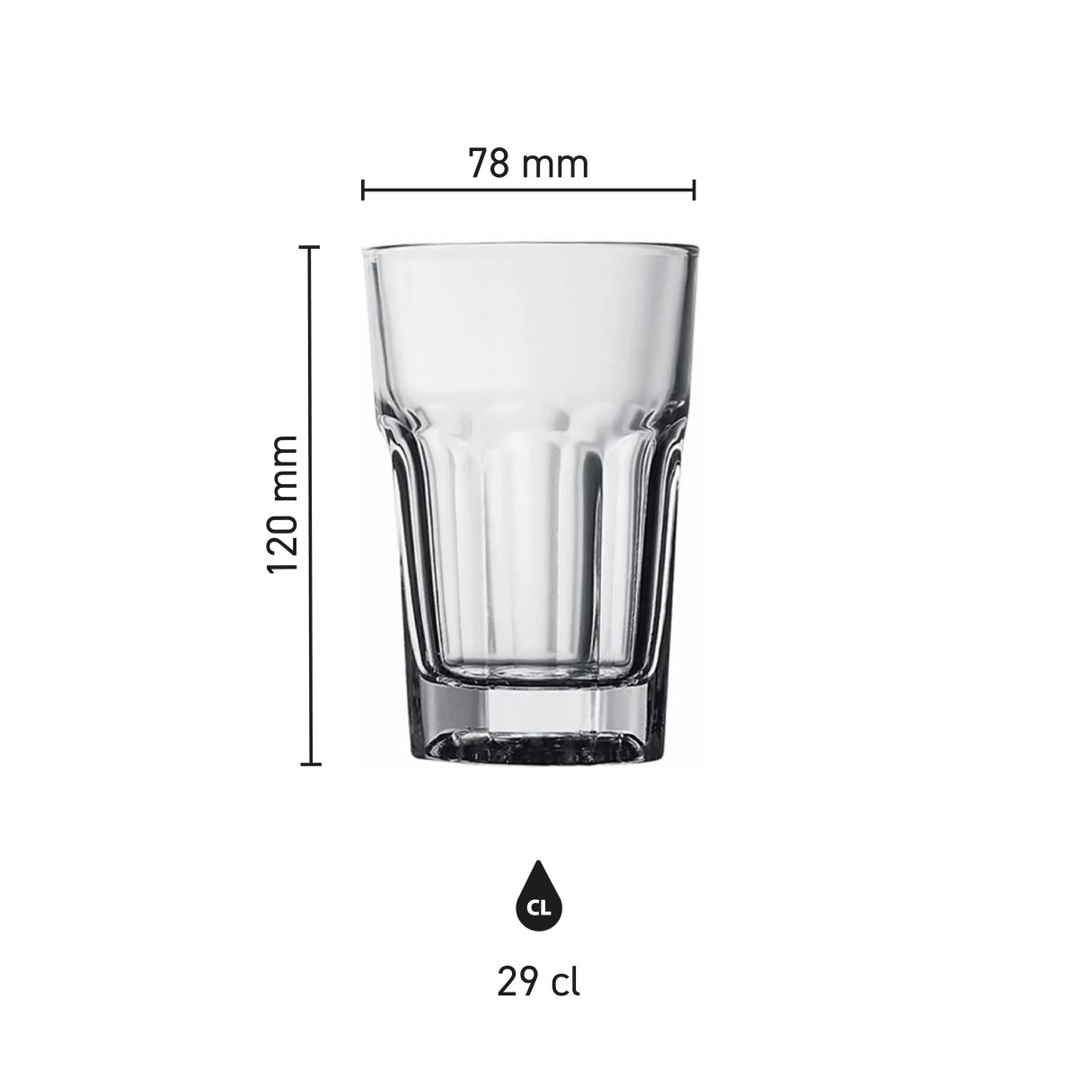 Infographic met technische afmetingen van het Hoegaarden bierglas 29 cl. glas.