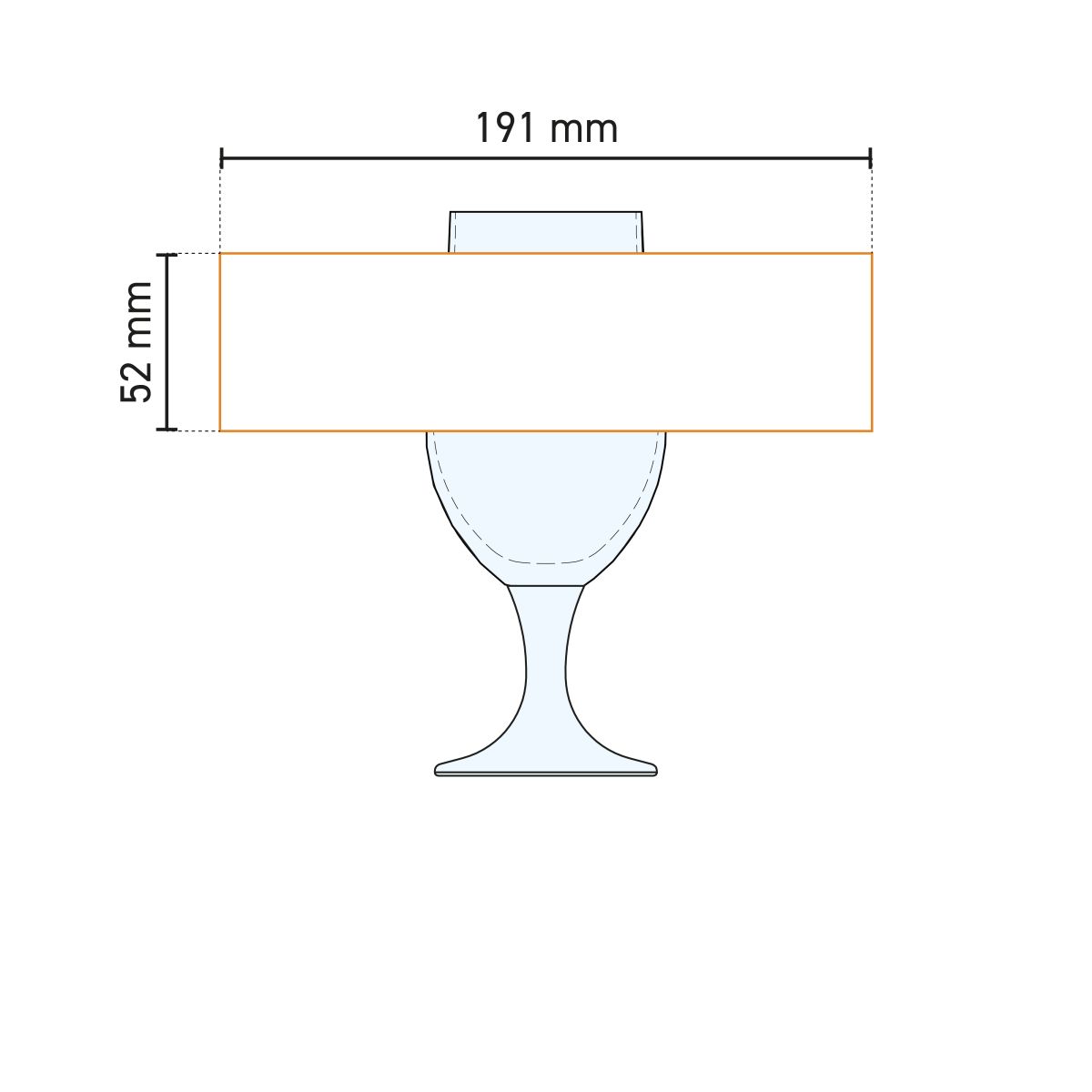 Werktekening van bierglas Munich 26 cl met aanduiding van het drukgebied, geschikt voor bedrukking en positionering.