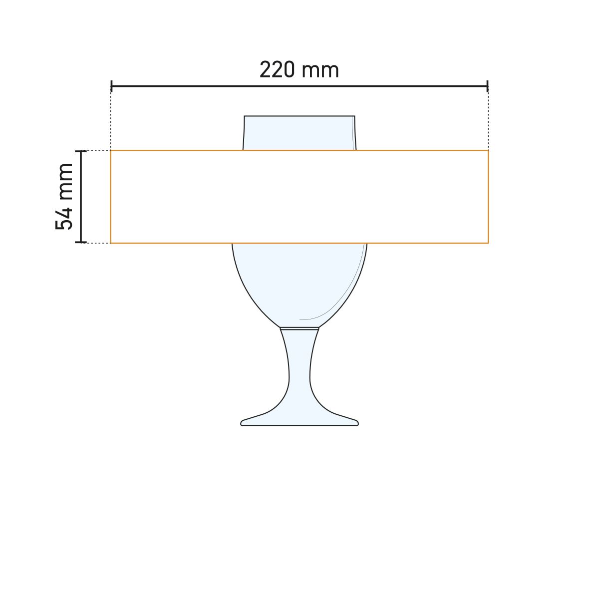 Technische werktekening van het drukgebied op het bierglas Munich 38 cl.