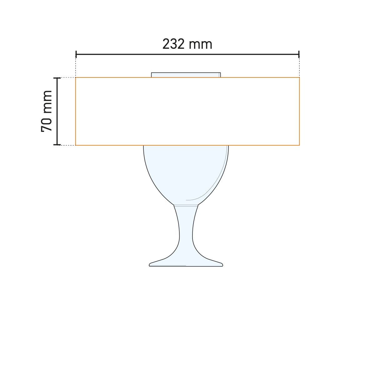 Visualisatie van bedrukkingsgebied op het bierglas op voet Munich 49 cl. met maten