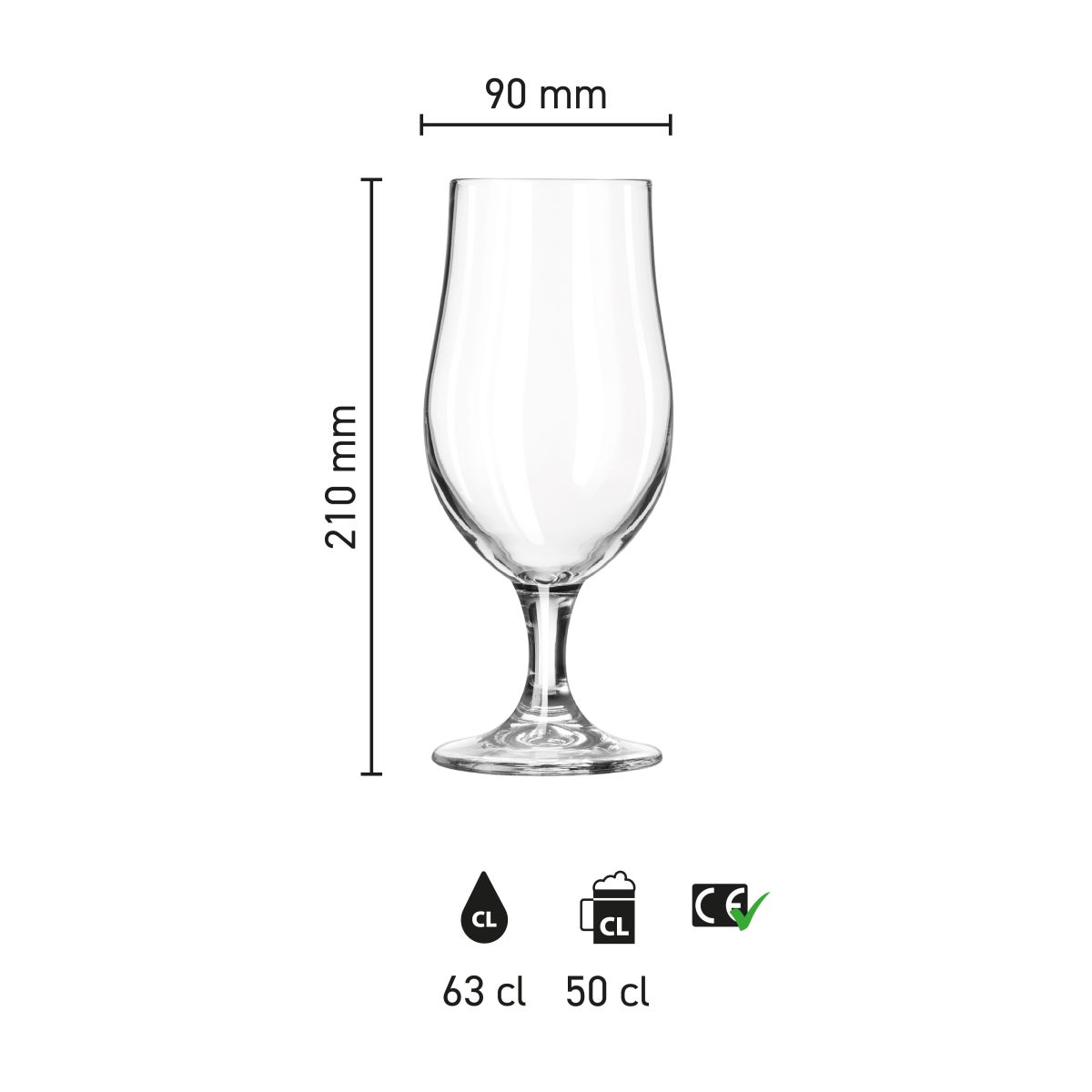 Afmetingen in infographicvorm geven precieze hoogte en diameter van Munich bierglas 63 cl.