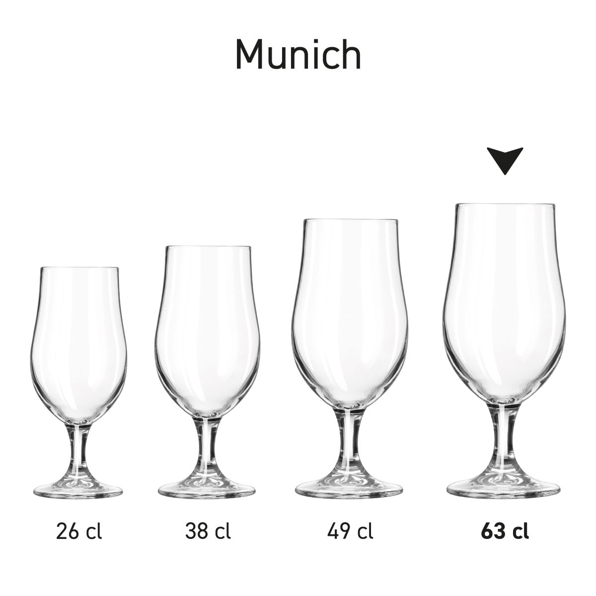 Serie-afbeelding van meerdere inhoudsmaten Munich bierglazen als productreeks gepresenteerd.