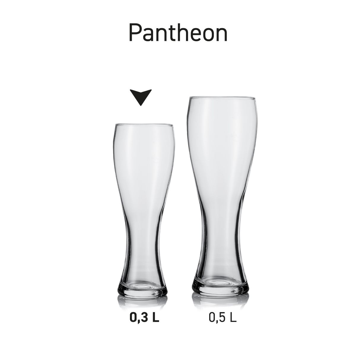 Rij identieke Pantheon bierglazen 30 cl. TAPMAAT naast elkaar als serie gepresenteerd.
