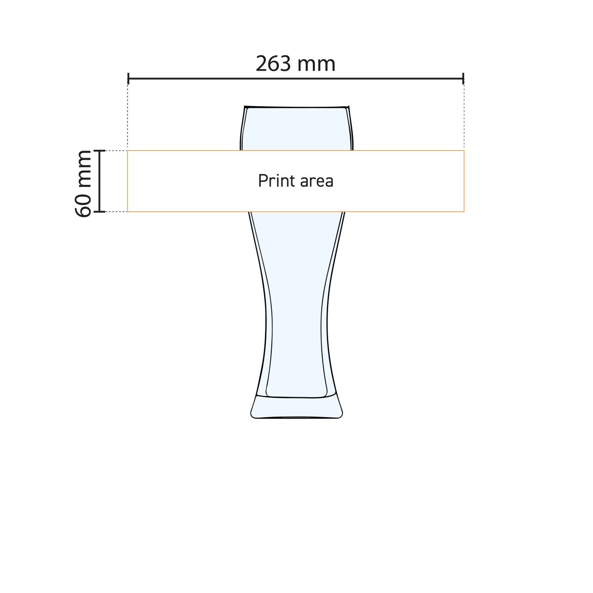 Technische werktekening met aanduiding van het drukgebied op het Pantheon bierglas 50 cl. TAPMAAT formaat.