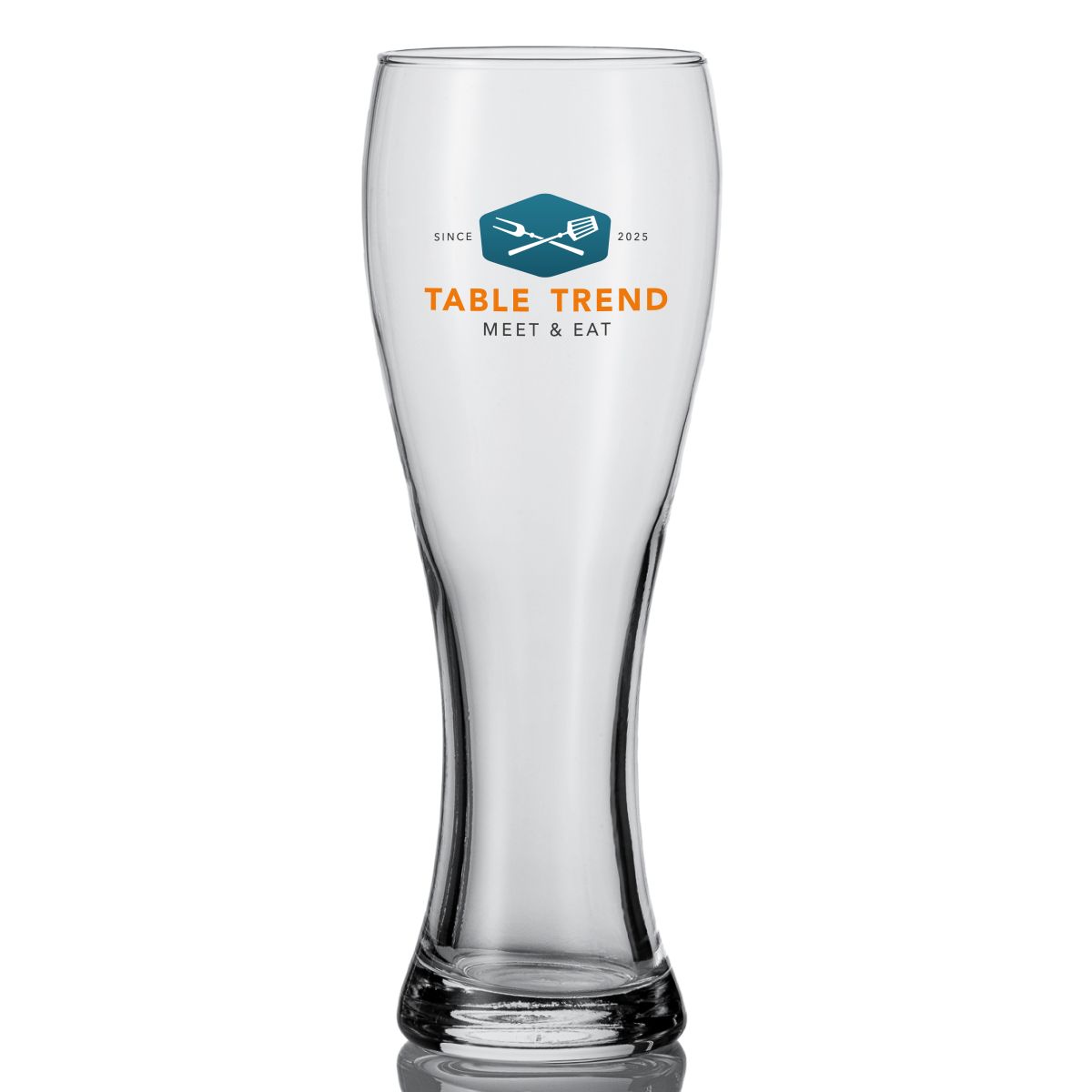 Vooraanzicht van Pantheon 50 cl. TAPMAAT glas met full-colour TableTrend-logo op het midden van het glas.