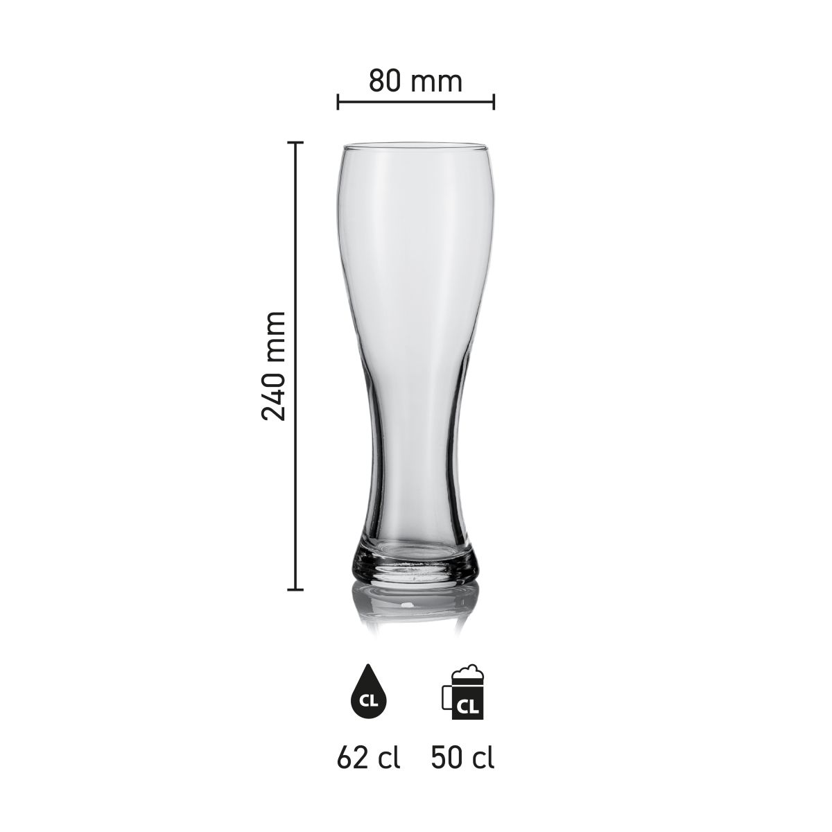 Grafische illustratie van het bierglas Pantheon 50 cl. TAPMAAT met hoogte- en diametervermelding.