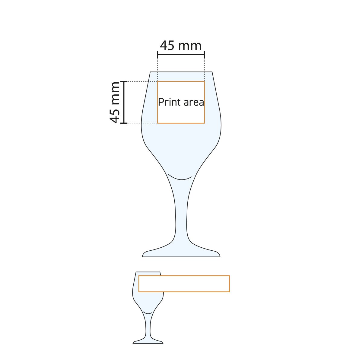 Technische werktekening toont drukgebied voor personalisatie op proefglas Ronceva 25 cl.