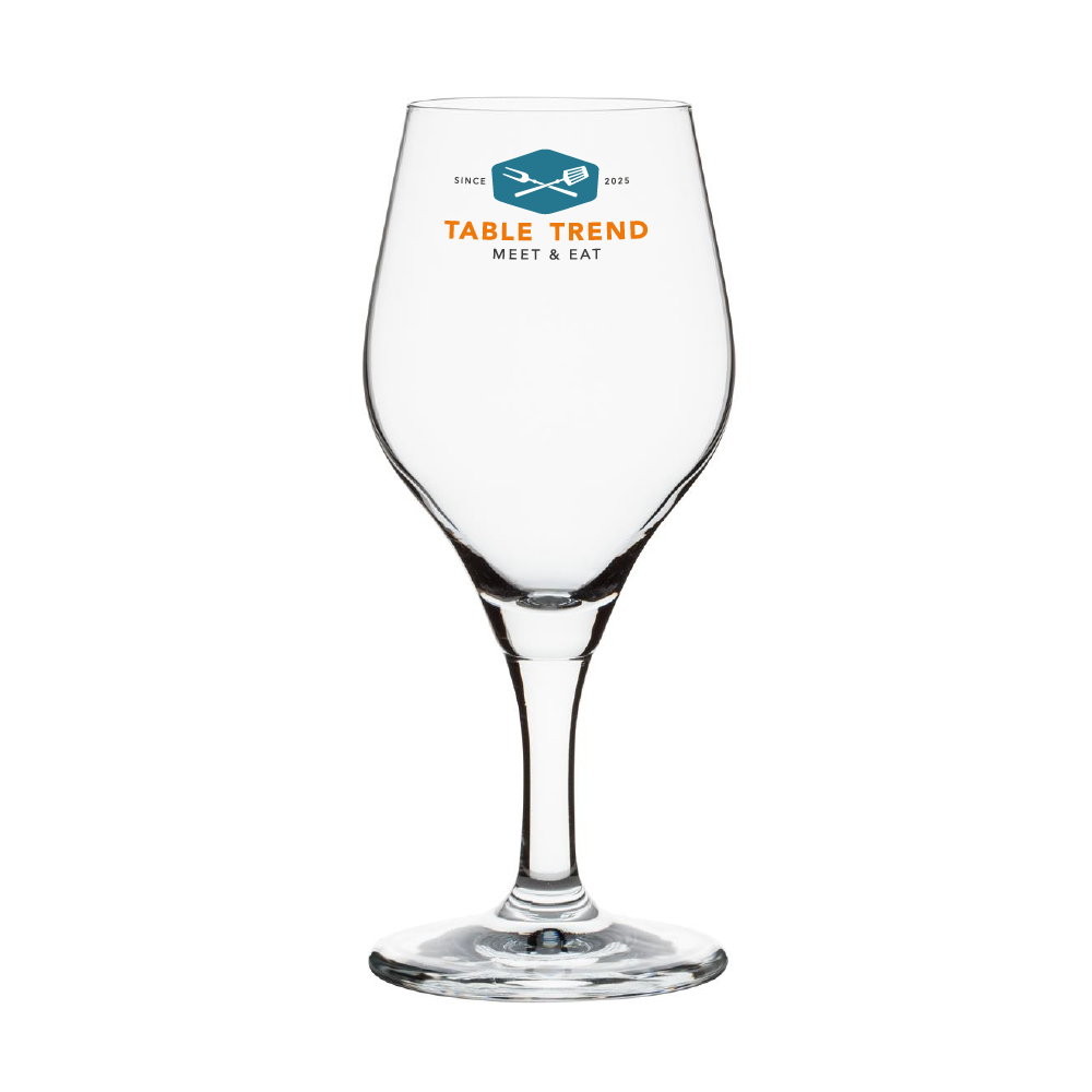 Vooraanzicht van glas Ronceva 40 cl. met kleurrijk gedrukt TableTrend-logo.