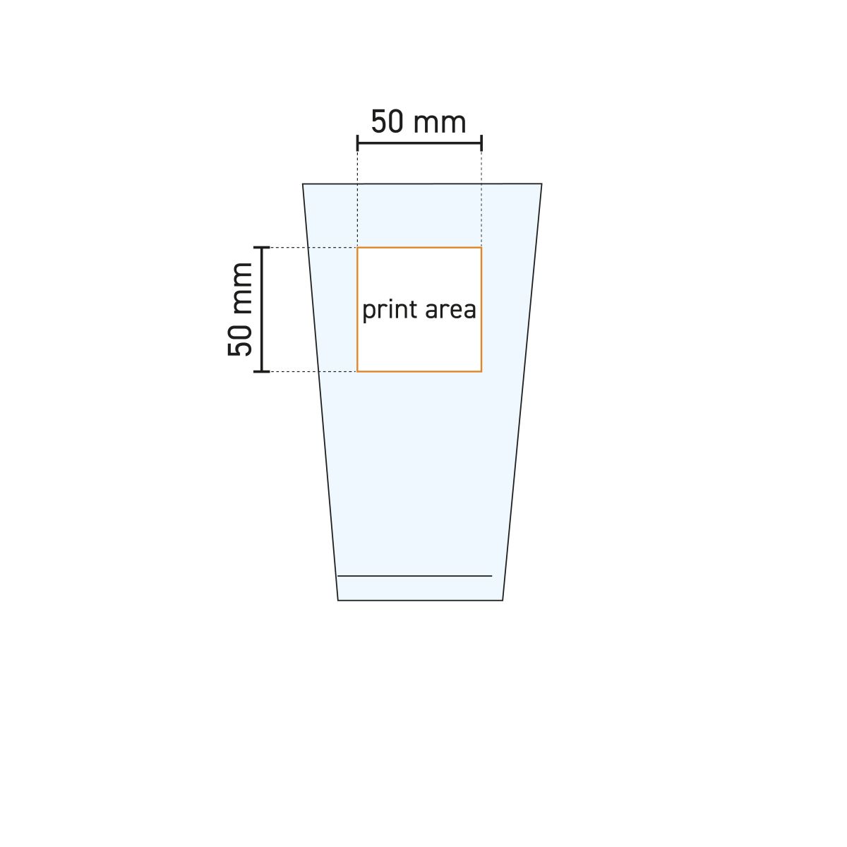 Technische werktekening van het Sestriere bierglas 39 cl. met aanduiding van drukgebied op het glas.