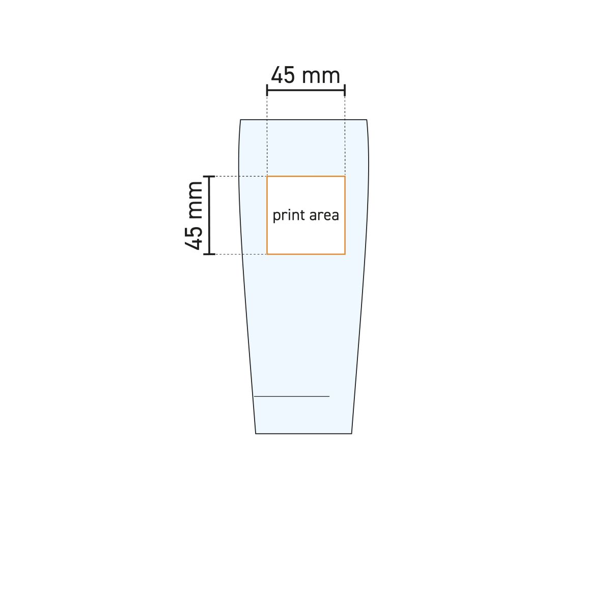 Technische werktekening van het drukgebied op het Willy horeca bierglas 33 cl.