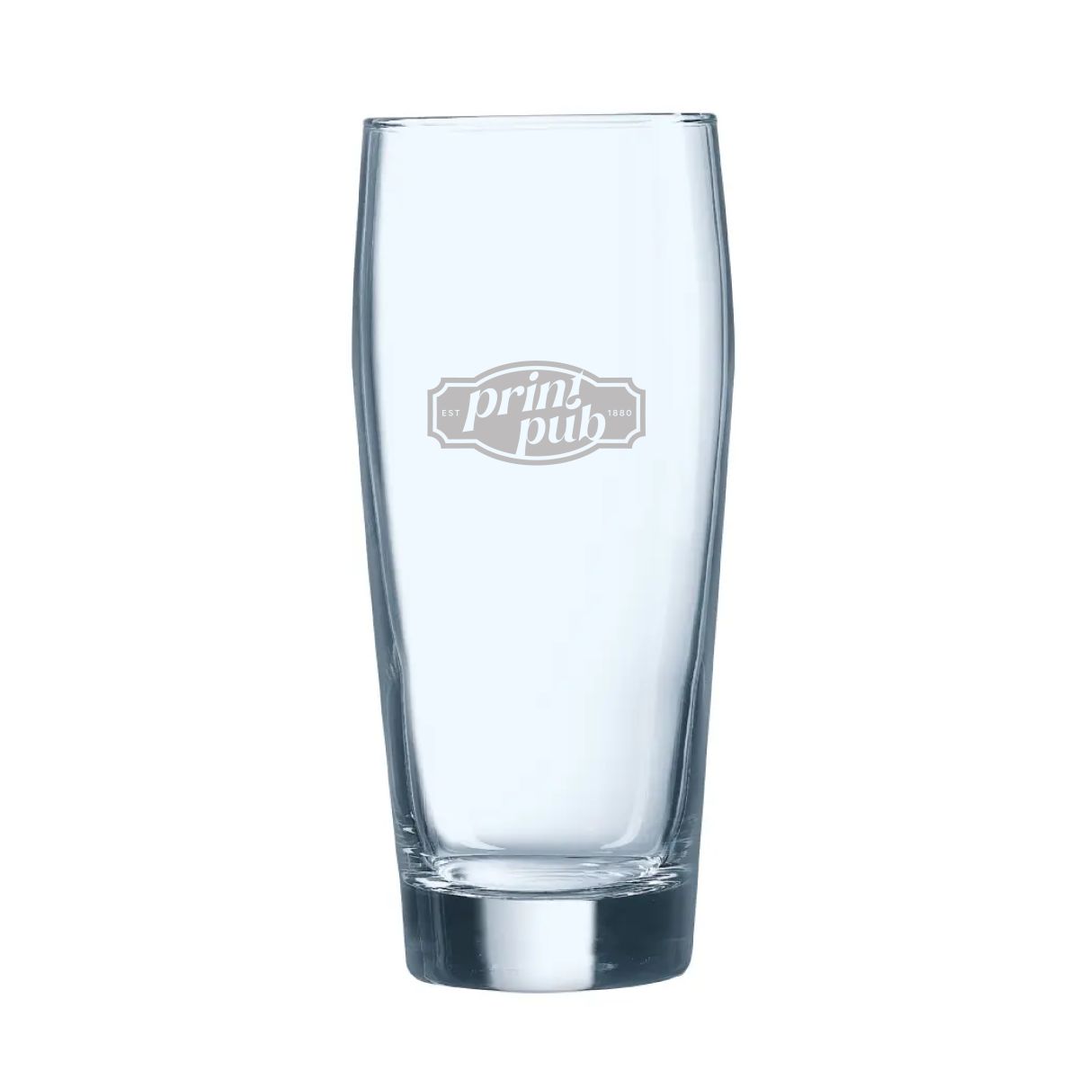 Gravure van PrintPub-logo zichtbaar op de voorkant van het bierglas Willy 33 cl. horeca .