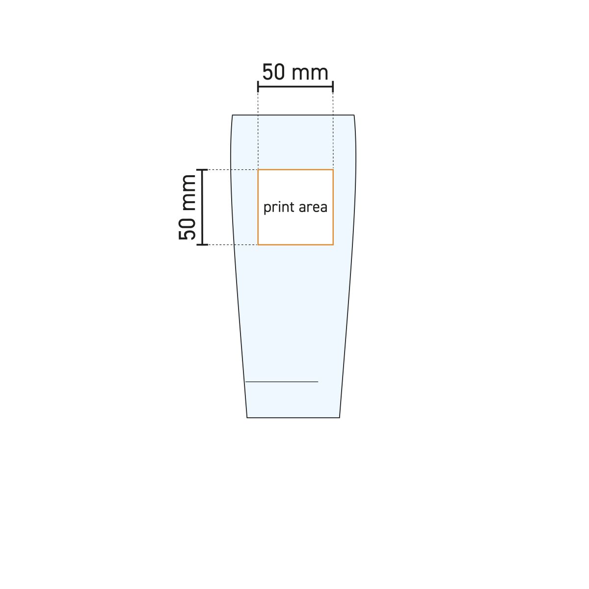 Technische werktekening van het drukgebied op het bierglas  Willy 40 cl. voor bedrukking.