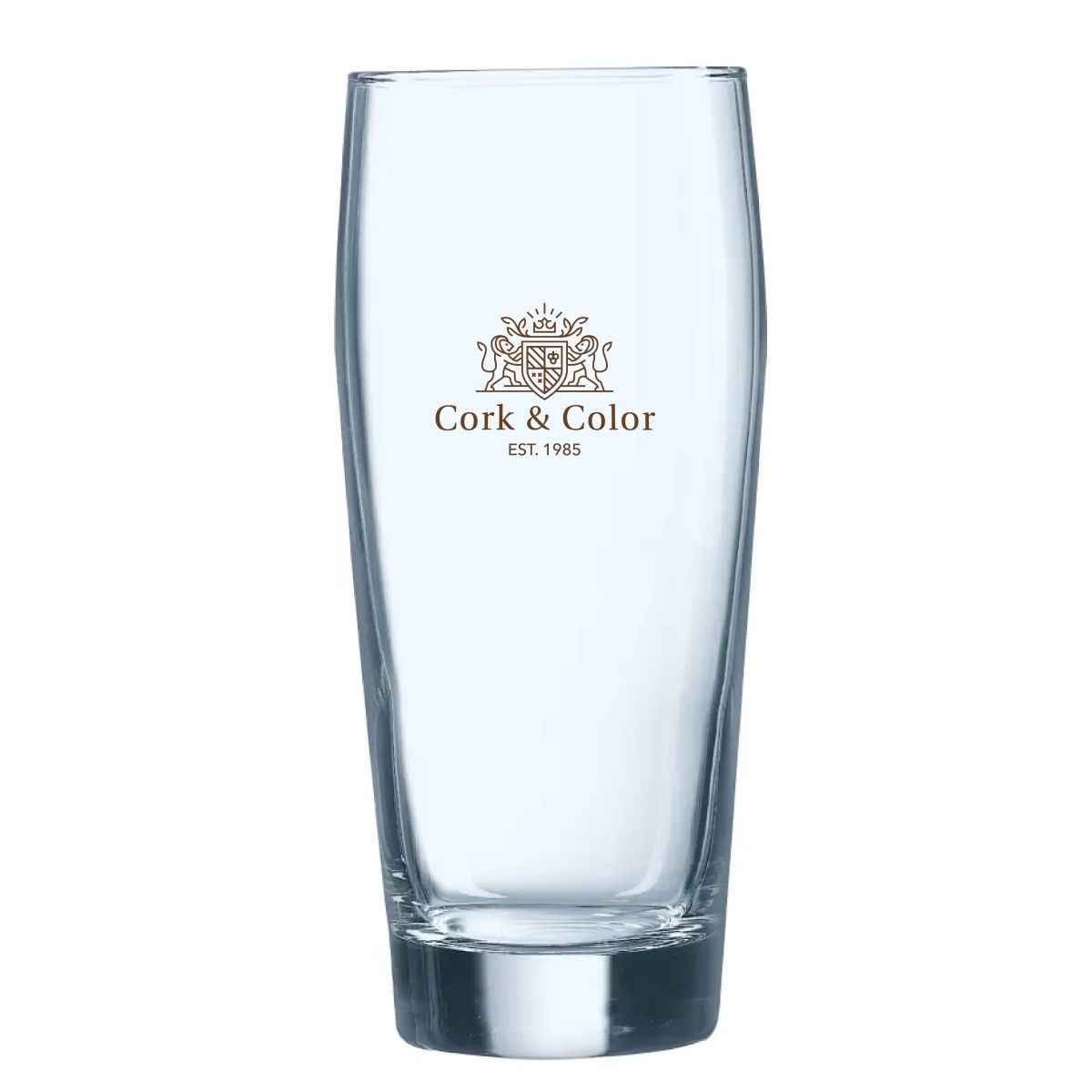 Bierglas Willy 40 cl. bedrukt met éénkleurig CorkColor-logo op de voorzijde van het glas.