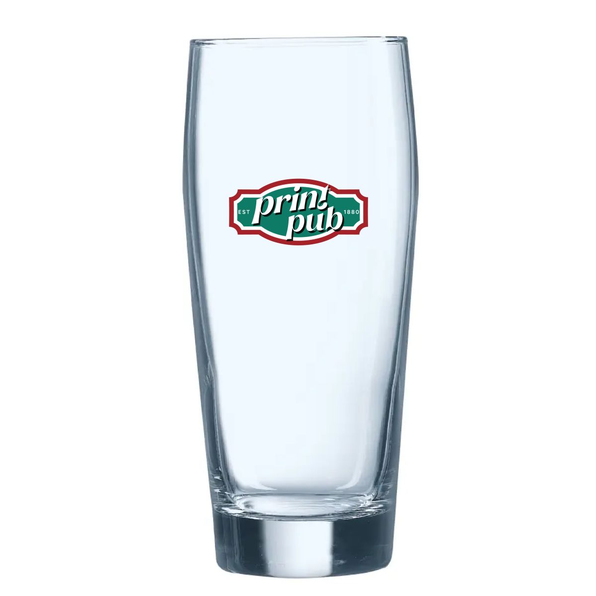 Vooraanzicht van het bierglas Willy 40 cl. met meerkleurig PrintPub-logo in meerdere kleuren gedrukt.