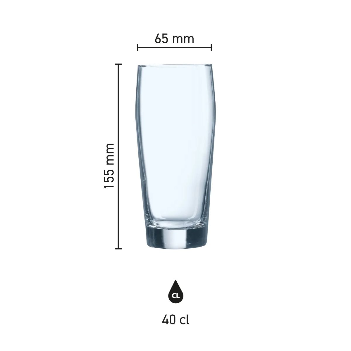 Maatvoering van het bierglas Willy 40 cl. weergegeven in een infographic met schaalverdeling.