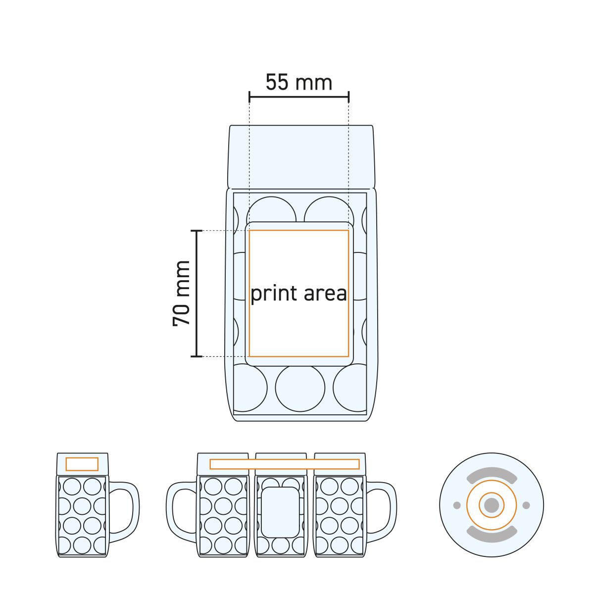 Technische werktekening van het drukgebied op de Don bierpul 100 cl voor logobedrukking.
