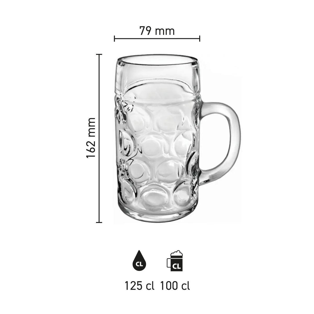 Technische infographic van de bierpul  Don 100 cl. met details over formaat en inhoud.