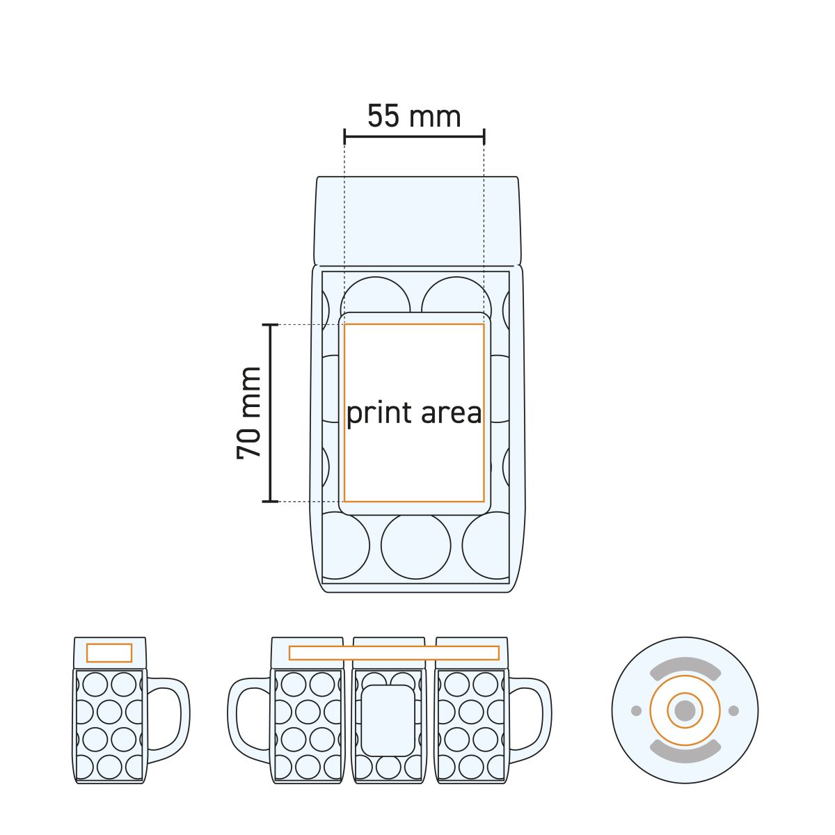 Technische werktekening van het drukgebied op de Don bierpul 50 cl in tapmaat glas.