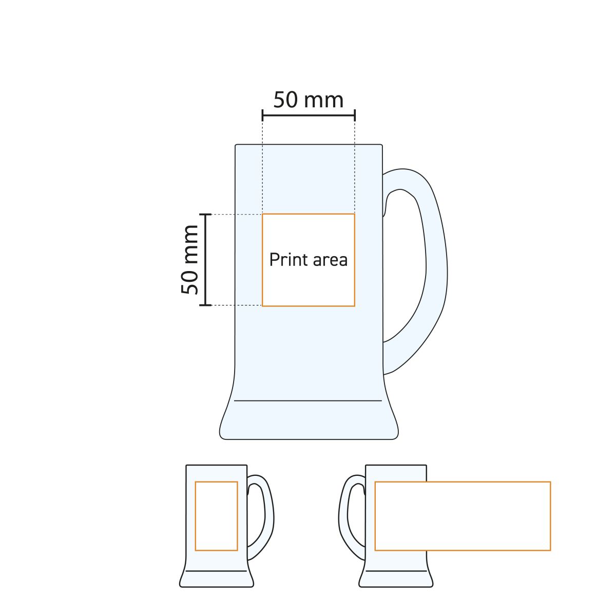 Technische werktekening van het drukgebied op de bierpul Icon 50 cl. tapmaat glas.