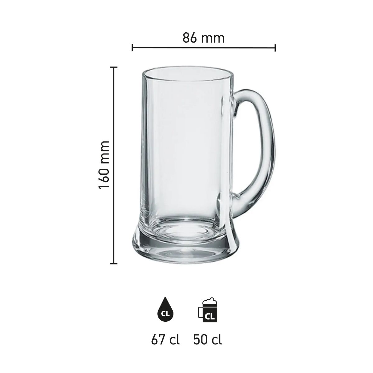 Infographic met productafmetingen van de Icon bierpul 50 cl., inclusief inhoudslijn.