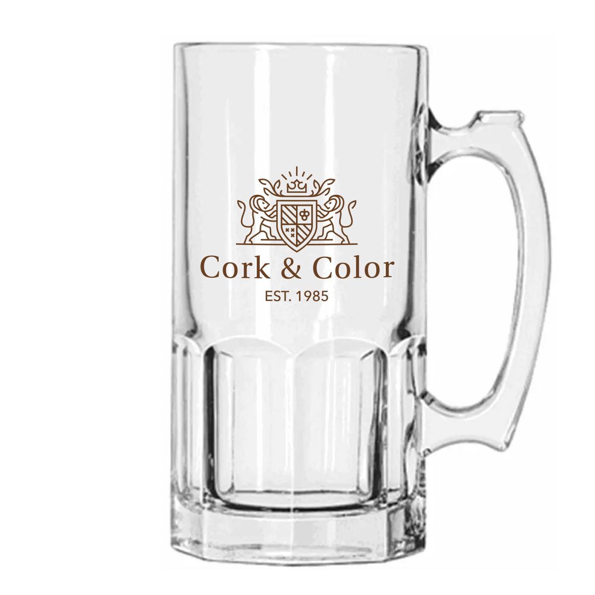 Eénkleurig CorkColor-logo gedrukt op de voorzijde van de Libbey bierpul 1 liter glas.