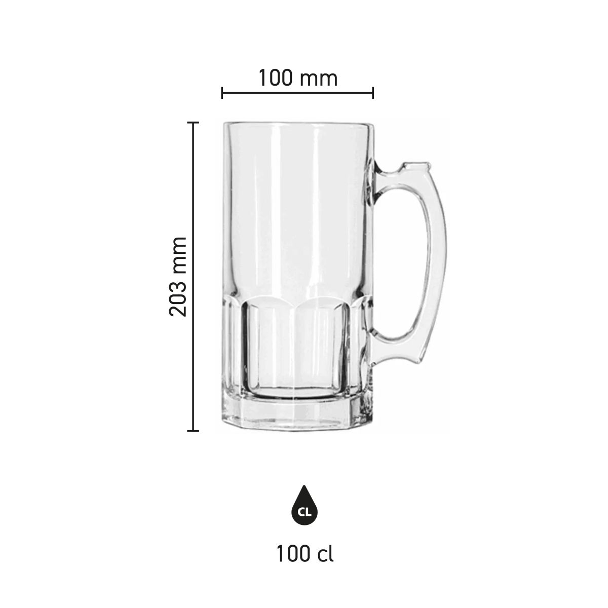 Infographic van de bierpul  Libbey 1 liter met afmetingen en inhoudsaanduiding.