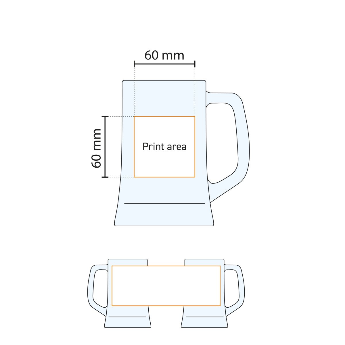 Technische werktekening van drukgebied op bierpul Maxim 50 cl. voor logoplaatsing.