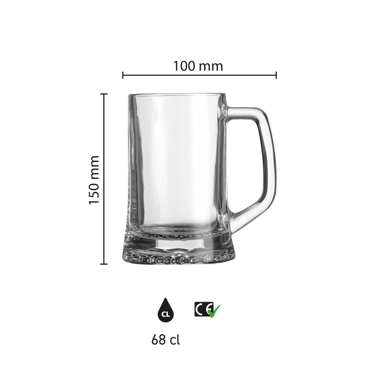 Infographic met precieze productafmetingen van bierpul Maxim 68 cl. glas, inclusief hoogte en diameter.