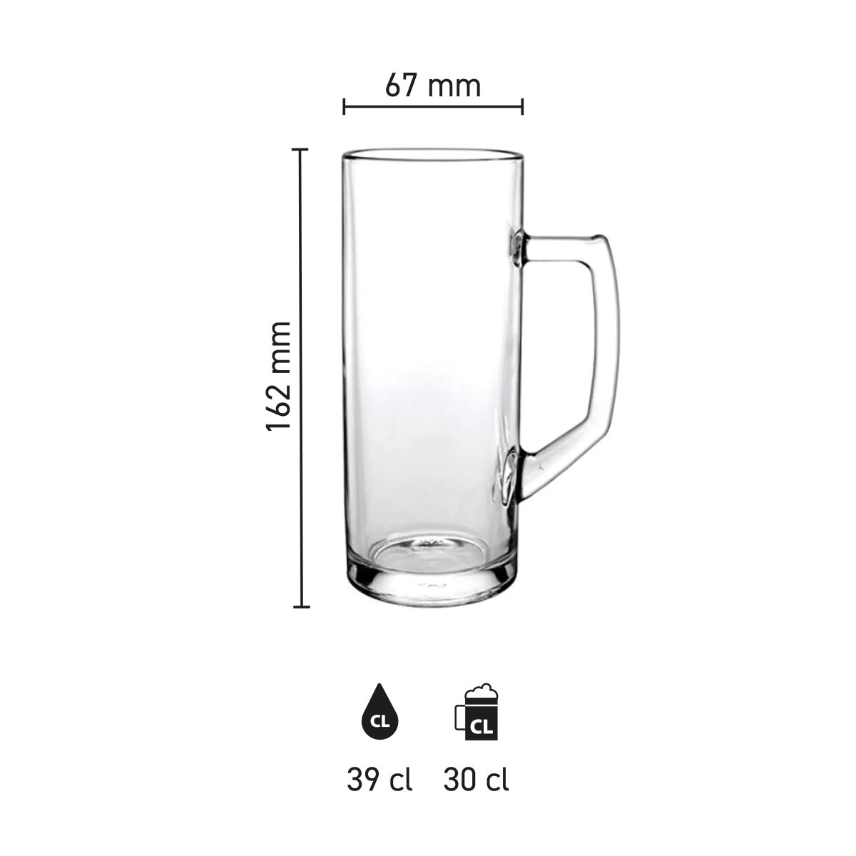Infographic met afmetingen van de bierpul Reno 30 cl. tapmaat, zoals hoogte en inhoud.