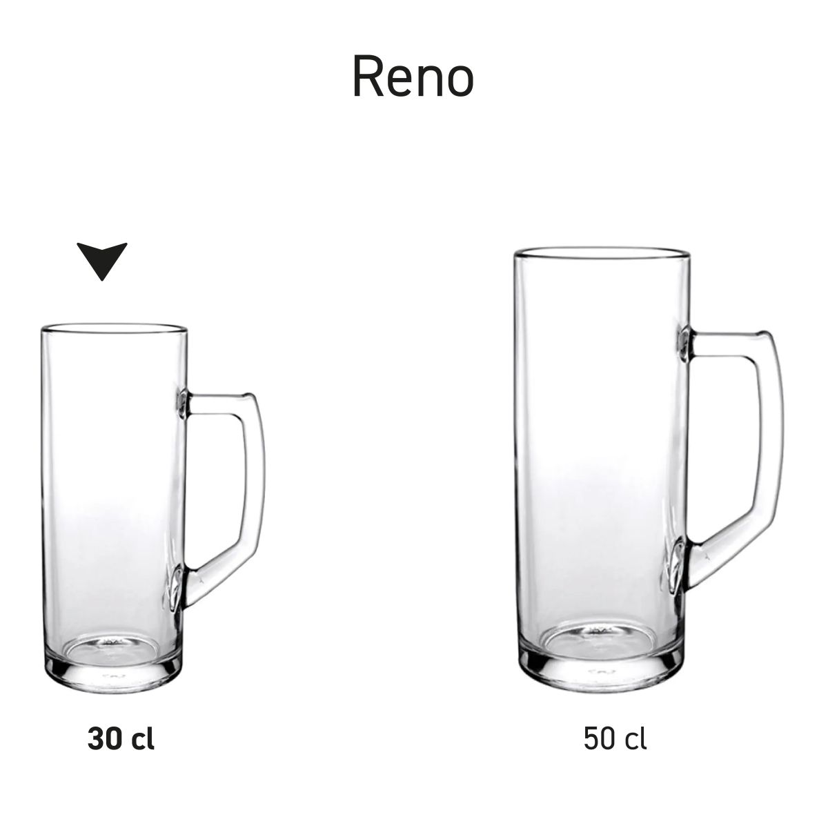 Serieoverzicht van bierpullen Reno 30 cl. en 50 cl. gepresenteerd als serie.