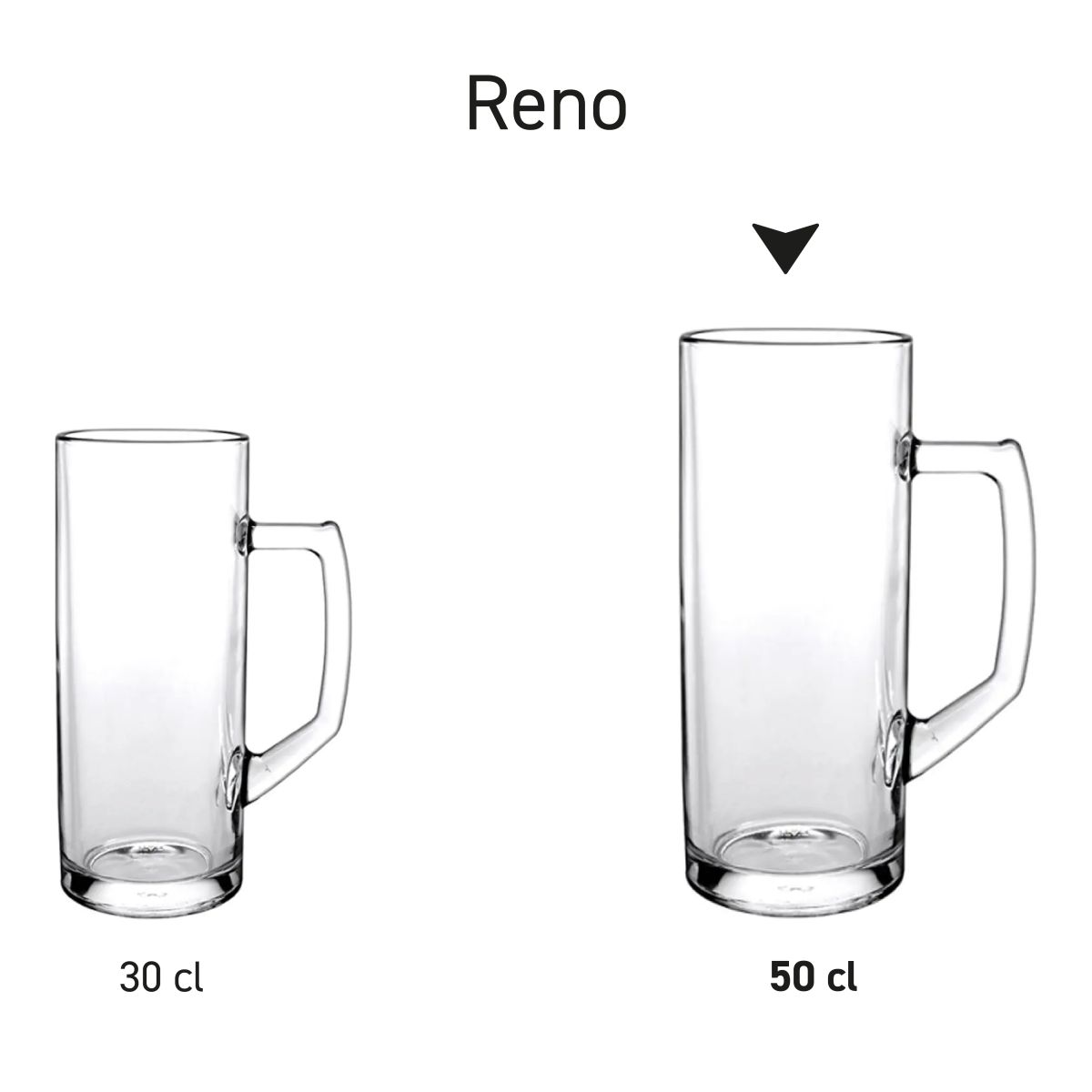 Serieoverzicht van glazen bierpullen Reno 50 cl., gepresenteerd als uniforme reeks.