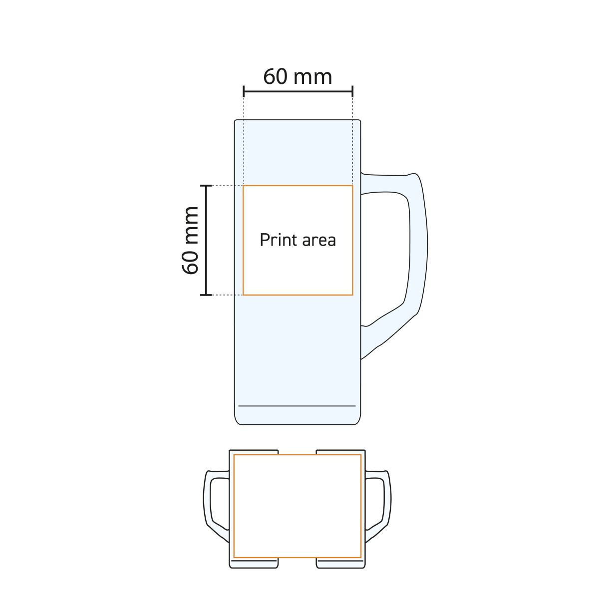 Technische werktekening van het drukgebied op de Reno bierpul 50 cl. tapmaat glas.