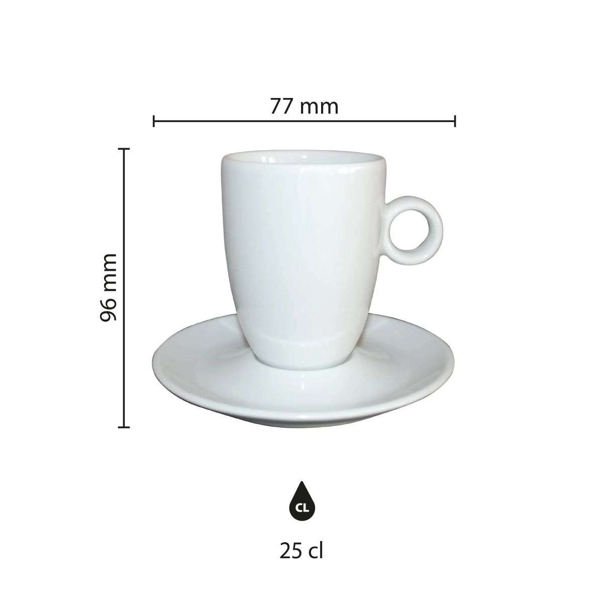 Infographic met hoogte- en diameterafmetingen van de Bola Cappuccino hoog wit 25 cl. SET