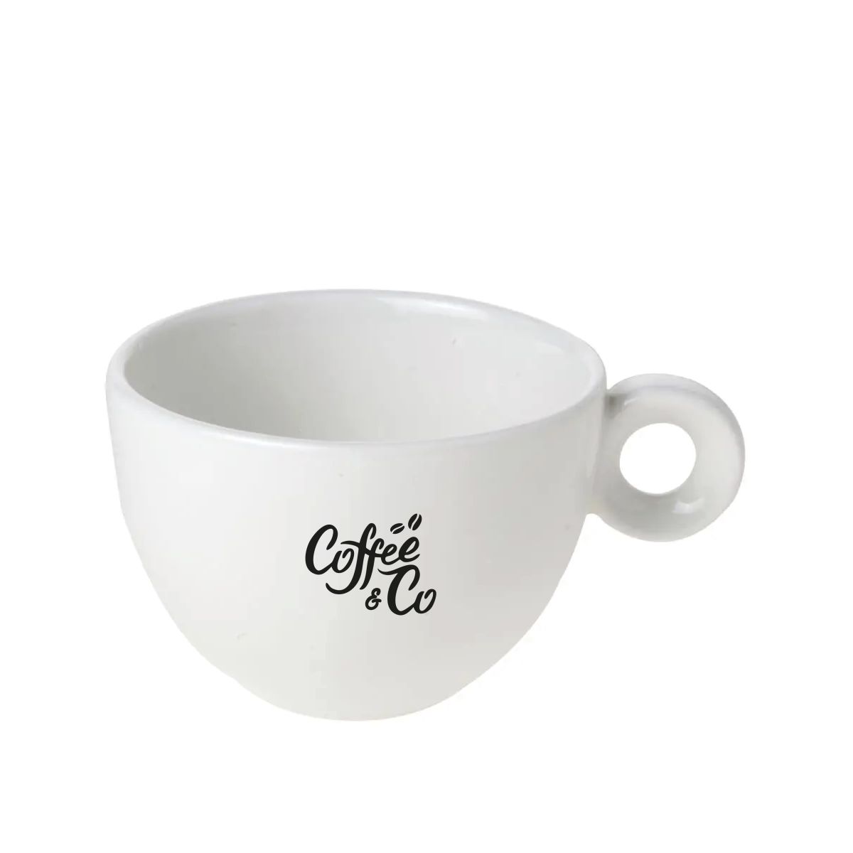 Witte porseleinen cappuccino kop van 20 cl met zwart CoffeeCo-logo in één kleur op de voorzijde bedrukt.