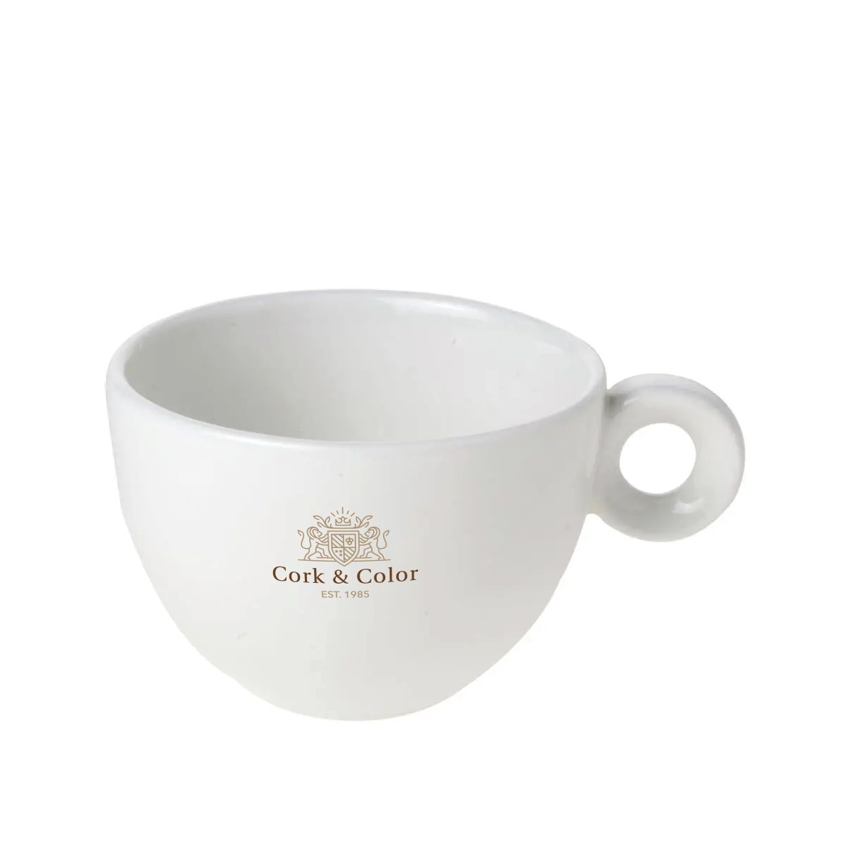 Bola Cappuccino kop 20 cl met meerkleurig CorkColor-logo vooraan op het porselein weergegeven.