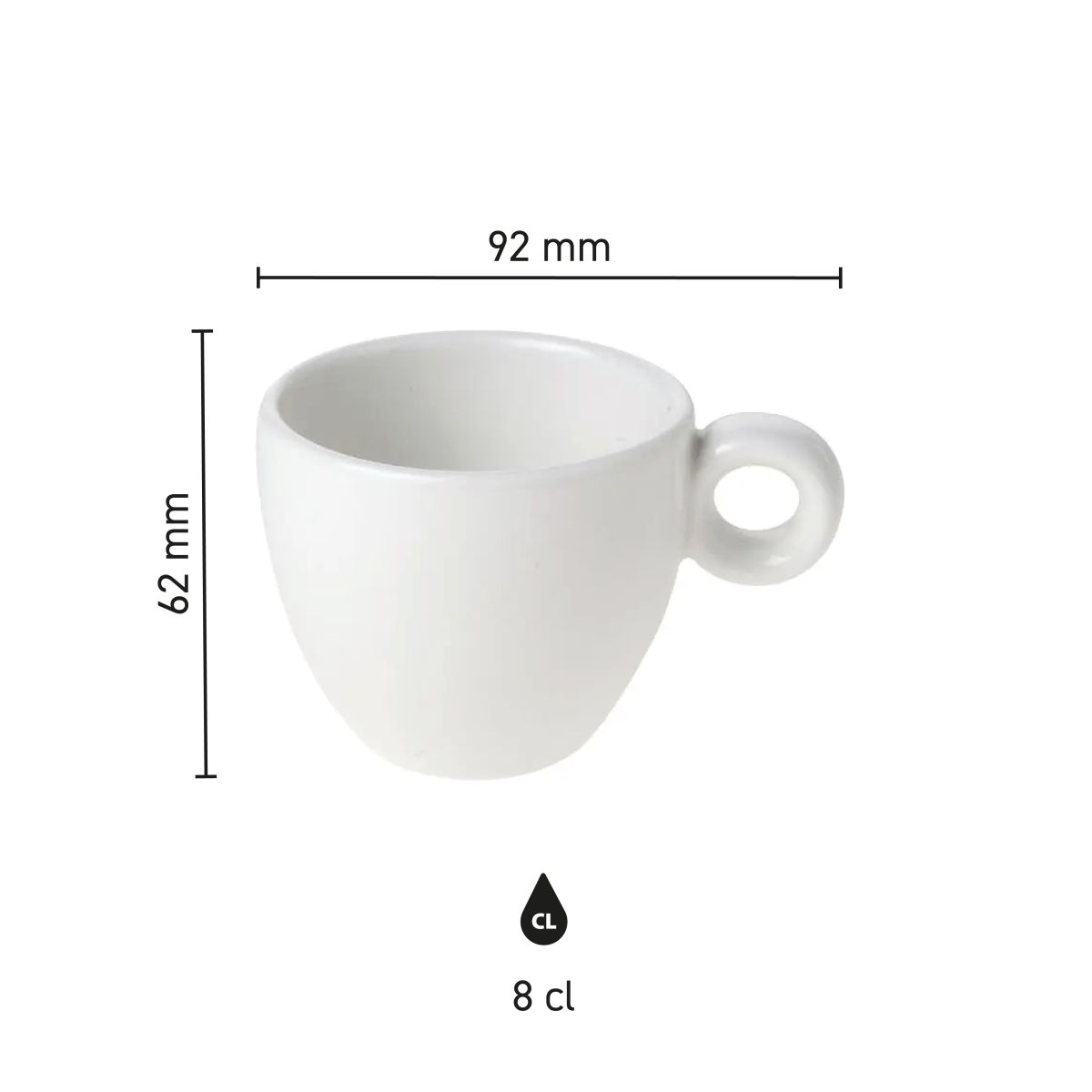 Gedetailleerde afmetingsoverzicht van Bola Cappuccino kop 20 cl van porselein in infographic stijl.