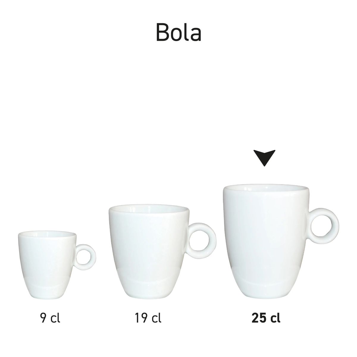 Verschillende witte Bola Cappuccino koppen in serie opgesteld voor productoverzicht.