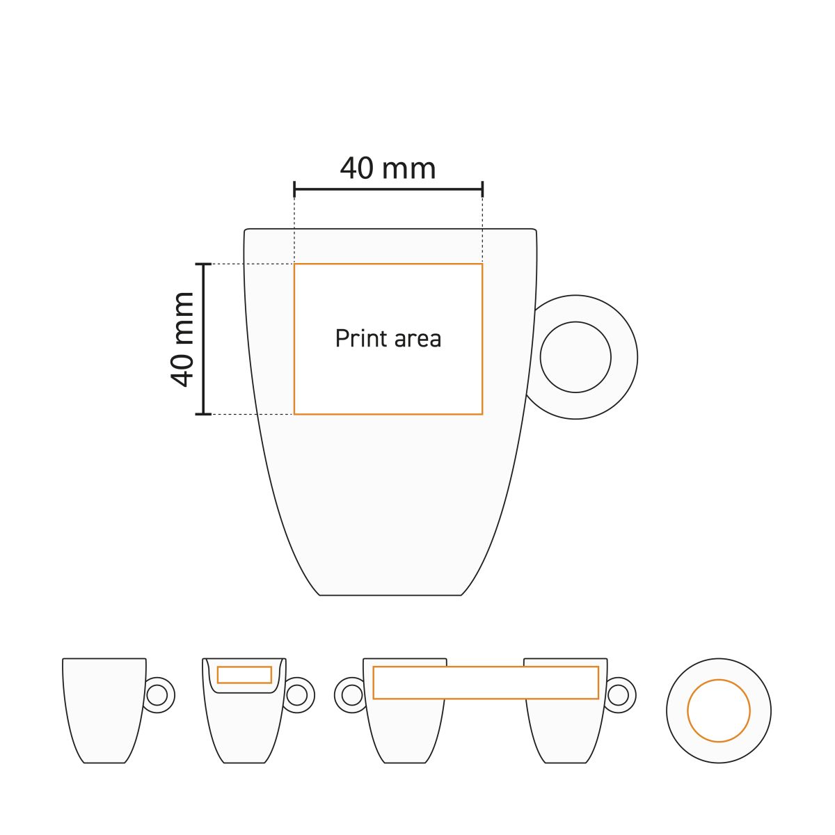 Drukgebied en bedrukkingstechniek voor Bola cappuccinokop 25 cl. hoog wit in werktekening.