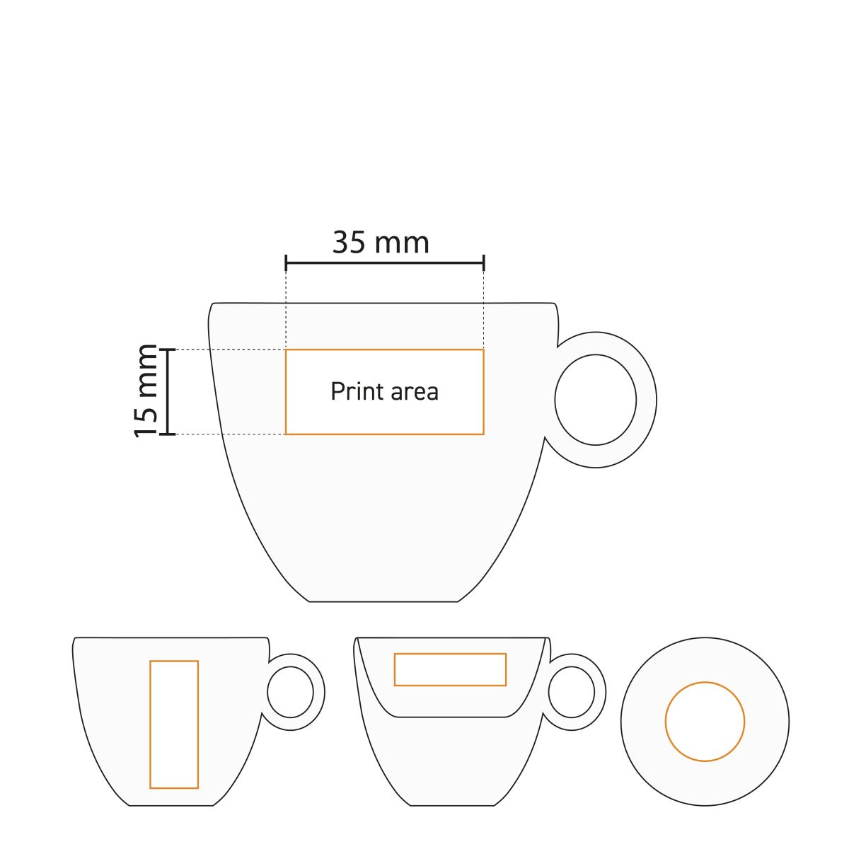 Technische werktekening van het drukgebied op de Bola espresso 8 cl. set van porselein.