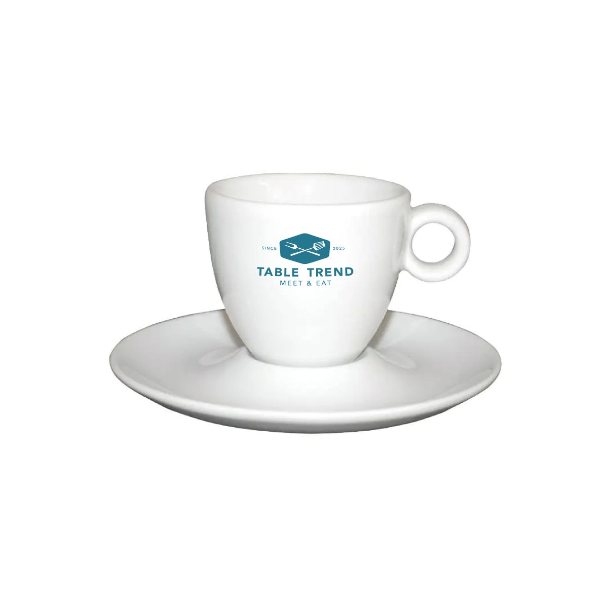 Eénkleurige bedrukking van het TableTrend-logo op voorzijde van Bola espressokopje.