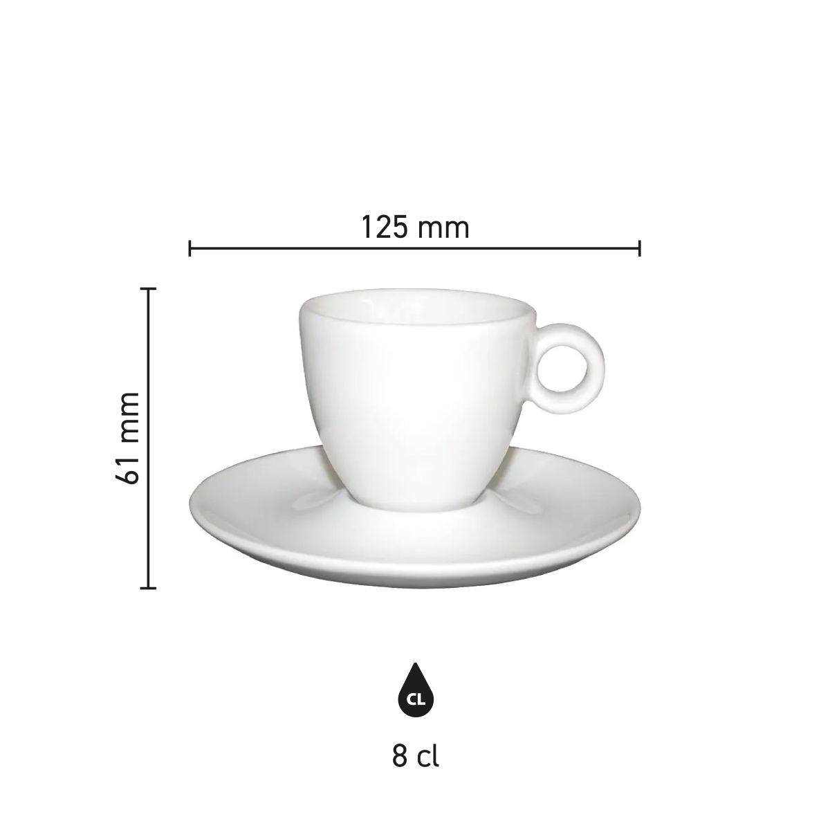 Infographic met maatvoering van Bola espressokopje 8 cl., porselein, inclusief inhoud.