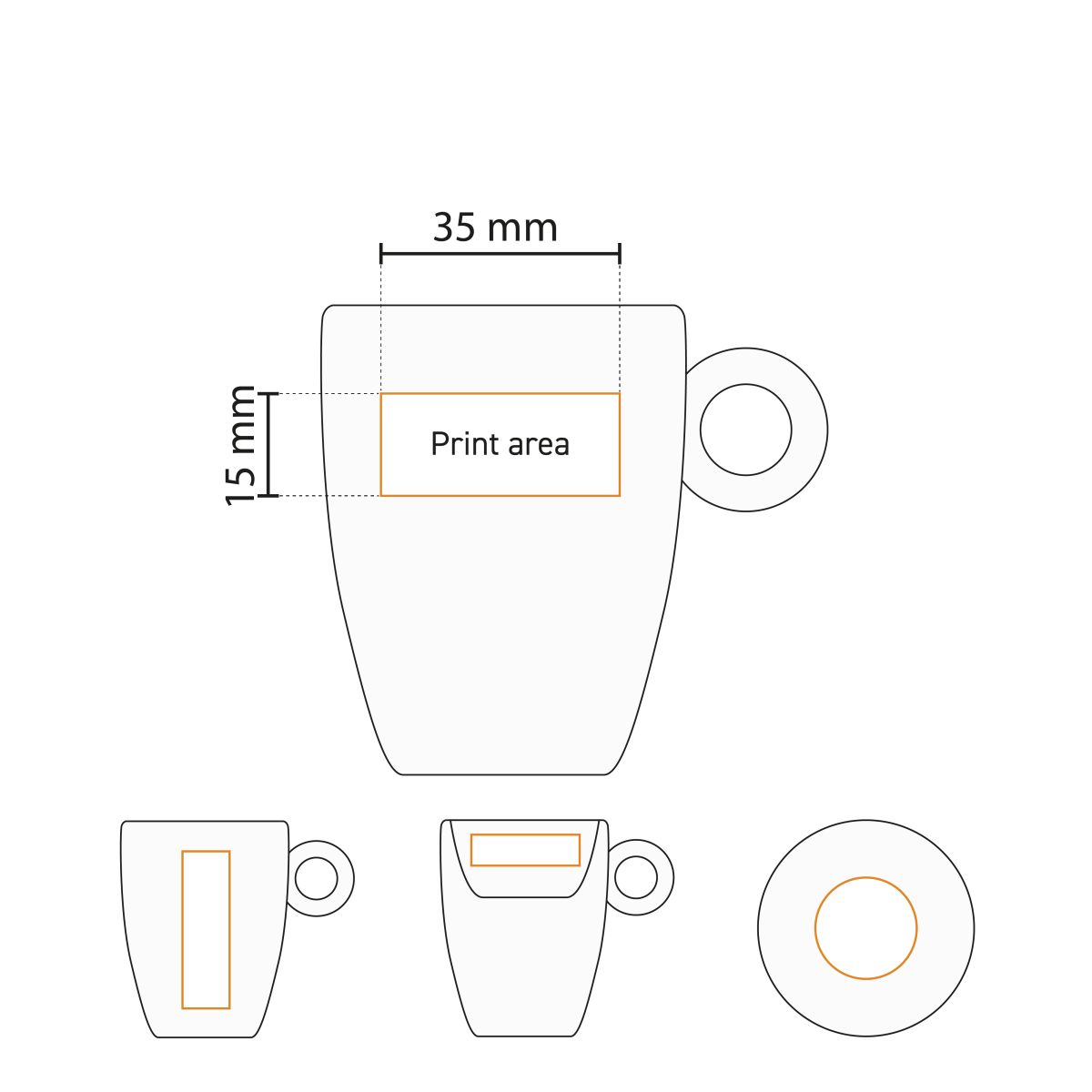 Technische werktekening met drukgebied voor bedrukking op de Bola espresso 9 cl. set.
