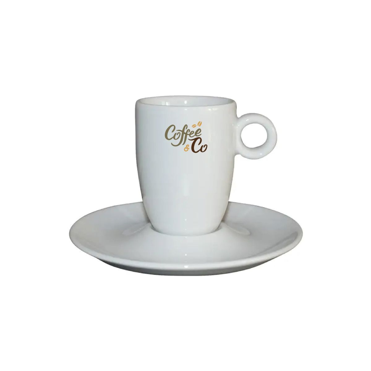 Meerkleurige opdruk van CoffeeCo-logo op de porseleinen espresso 9 cl.set