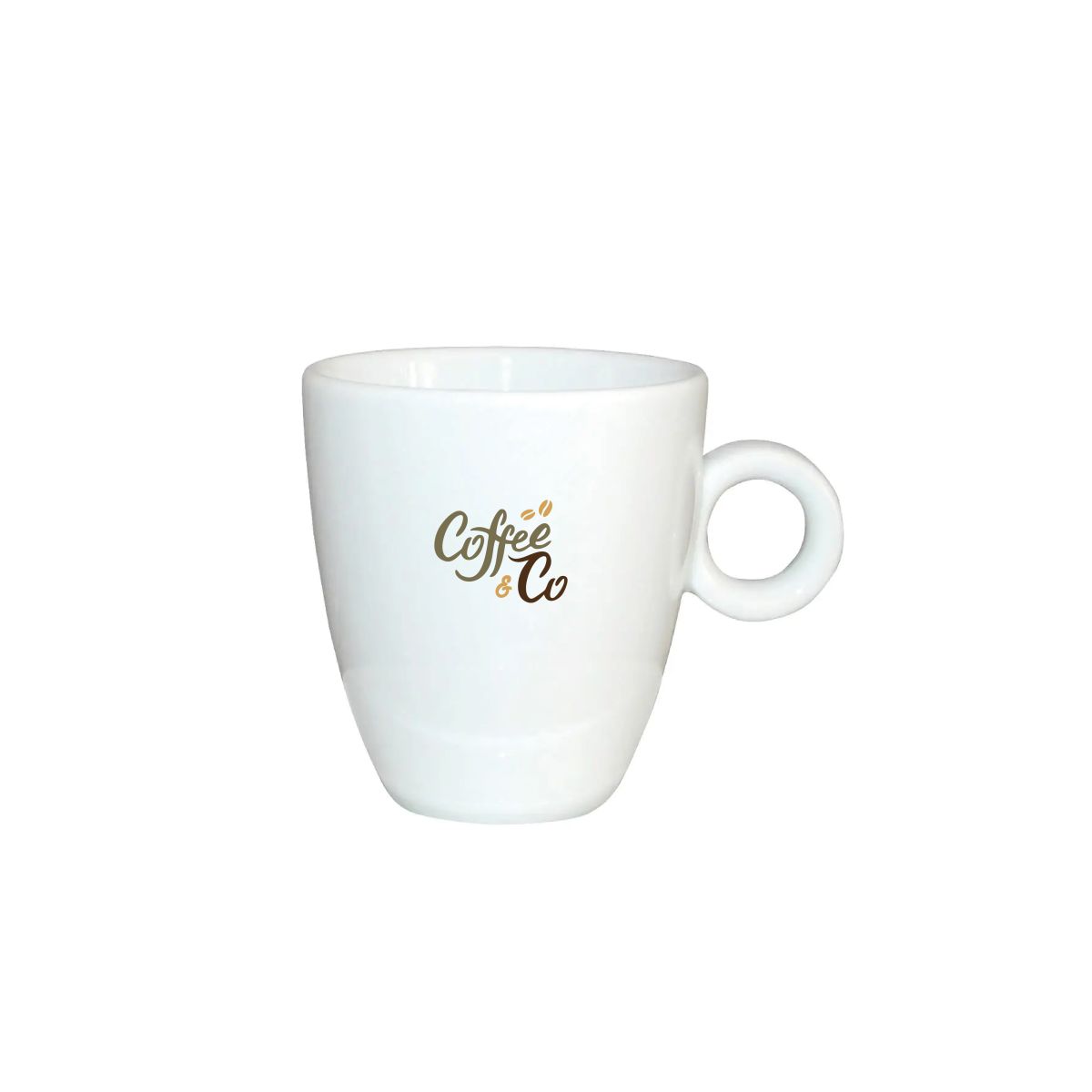 Porseleinen espresso kop 9 cl. met meerkleurig CoffeeCo-logo zichtbaar aan de voorzijde van de kop.