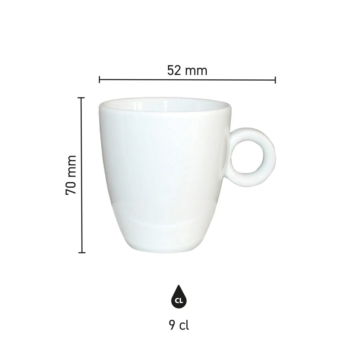 Gedetailleerd overzicht met afmetingen van Bola Espresso kop hoog wit 9 cl. in infographic vorm.