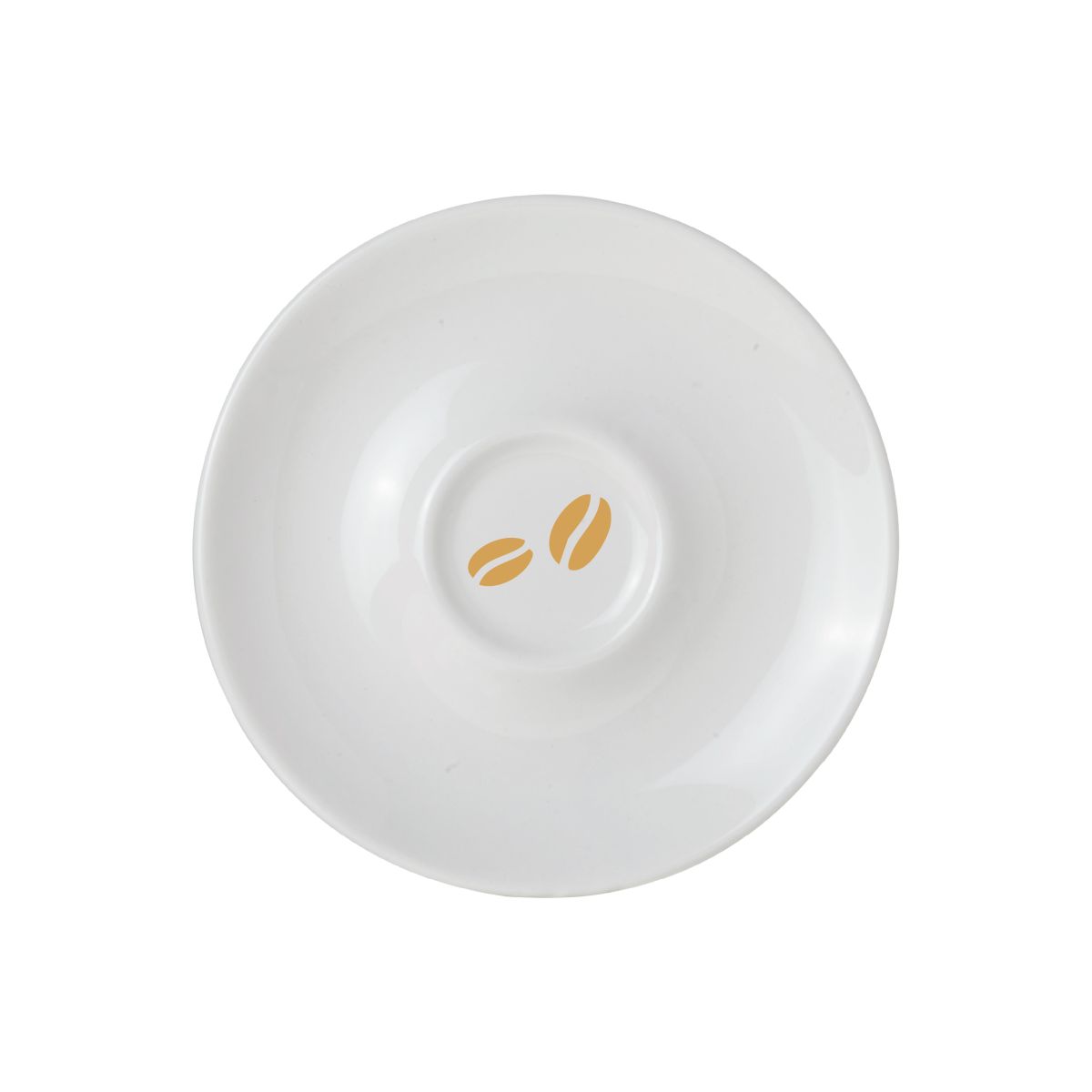 Eénkleurige bedrukking van CoffeeCo-logo op porseleinen espressoschotel 12,5 cm.