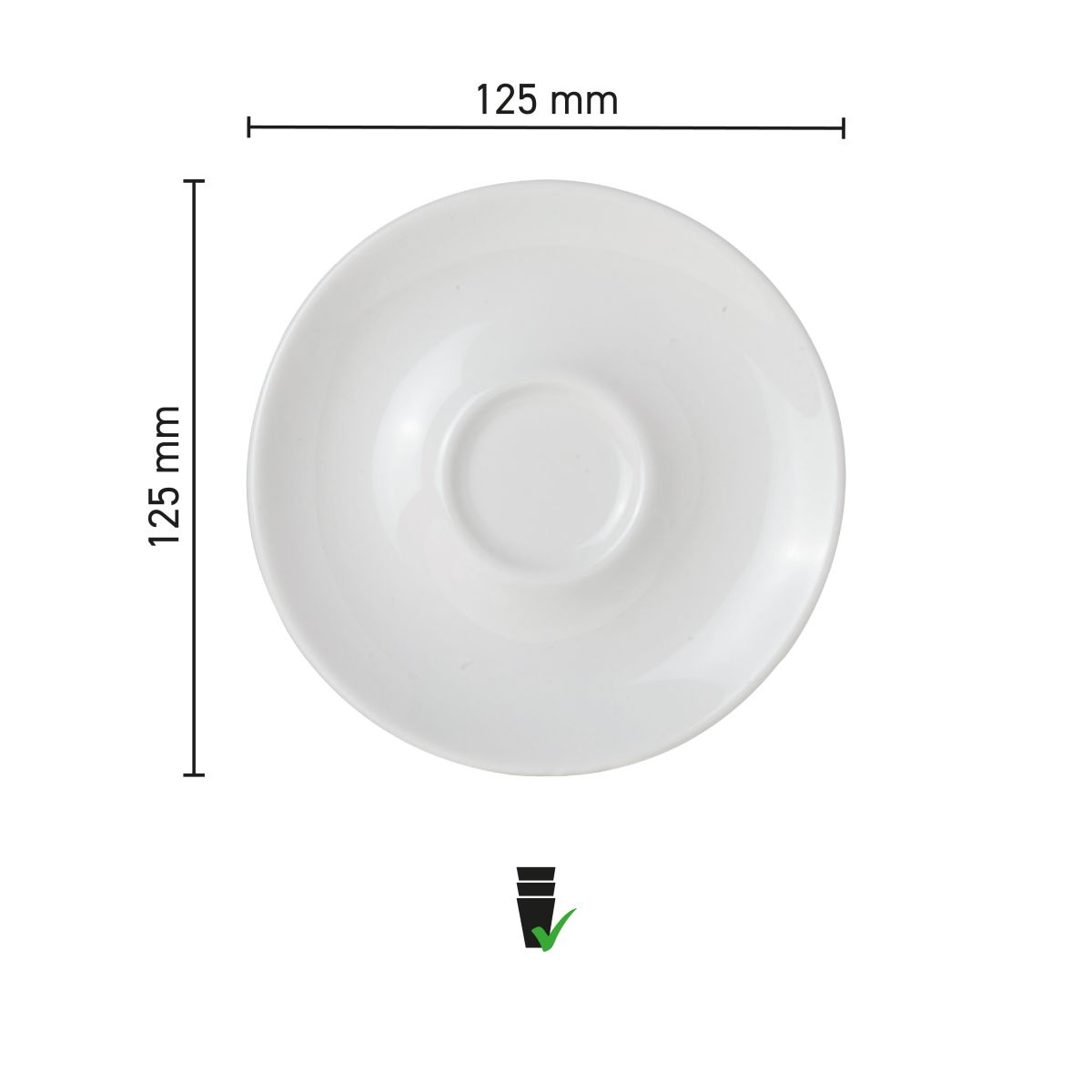 Infographic met productafmetingen van Bola espressoschotel 12,5 cm, met diameter en hoogte.